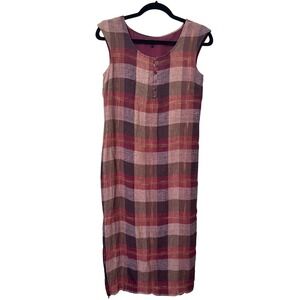 Jaeger Womens Burgundy Brown Plaid Linen Blend Midi Dress Size US 6